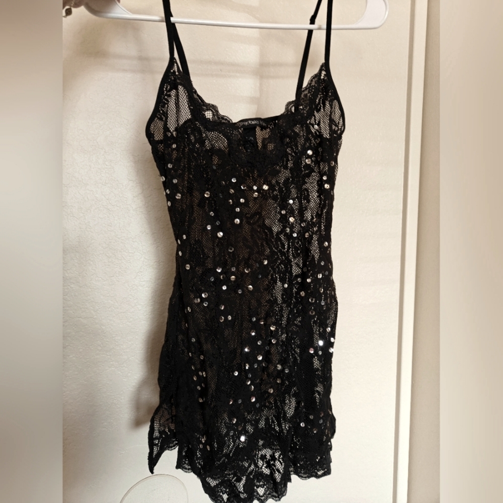 Victoria's Secret Black Sequin Lace & Mesh Chemise Size S